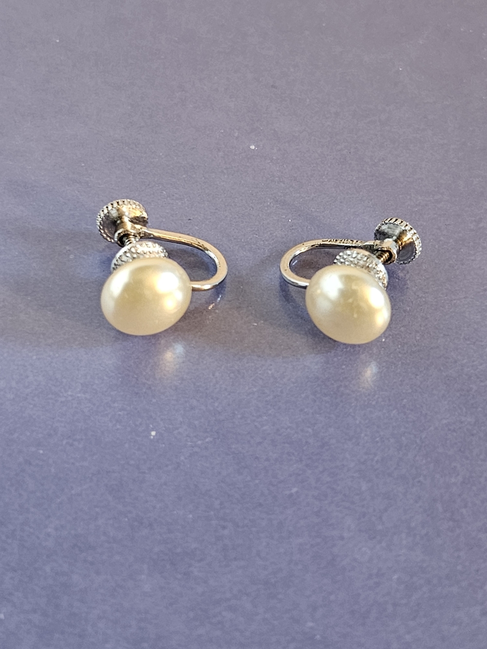 Vintage Crown Trifari Sterling Silver Faux Pearl Screwback Earrings